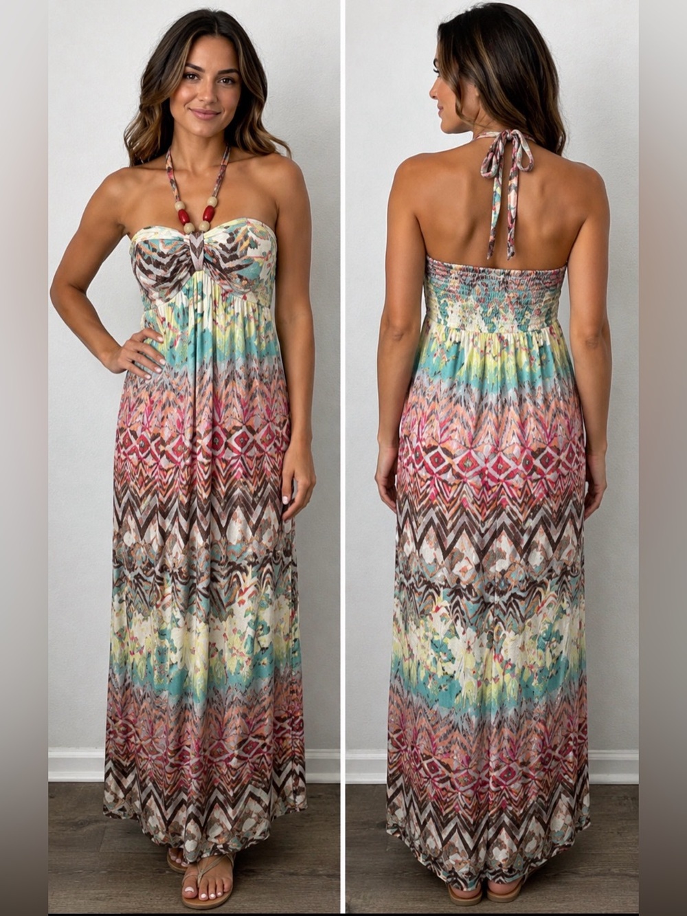 Boho Multicolor Strapless Maxi Dress Beaded Halter Tie Sz M/L No Tag